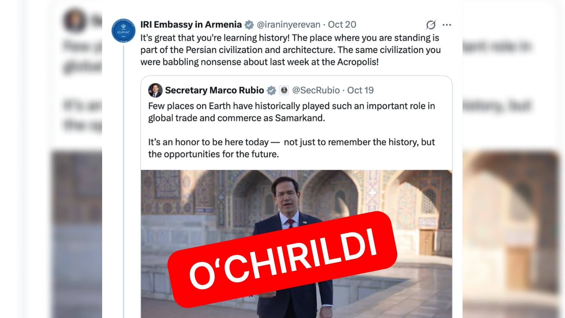 O‘zbekiston notasidan so‘ng Eron elchixonasi Samarqand haqidagi postni o‘chirib tashladi